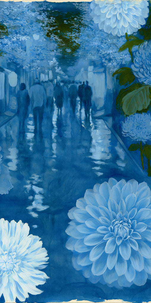 Blue street with flowers