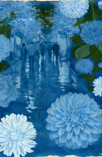 Blue street with flowers