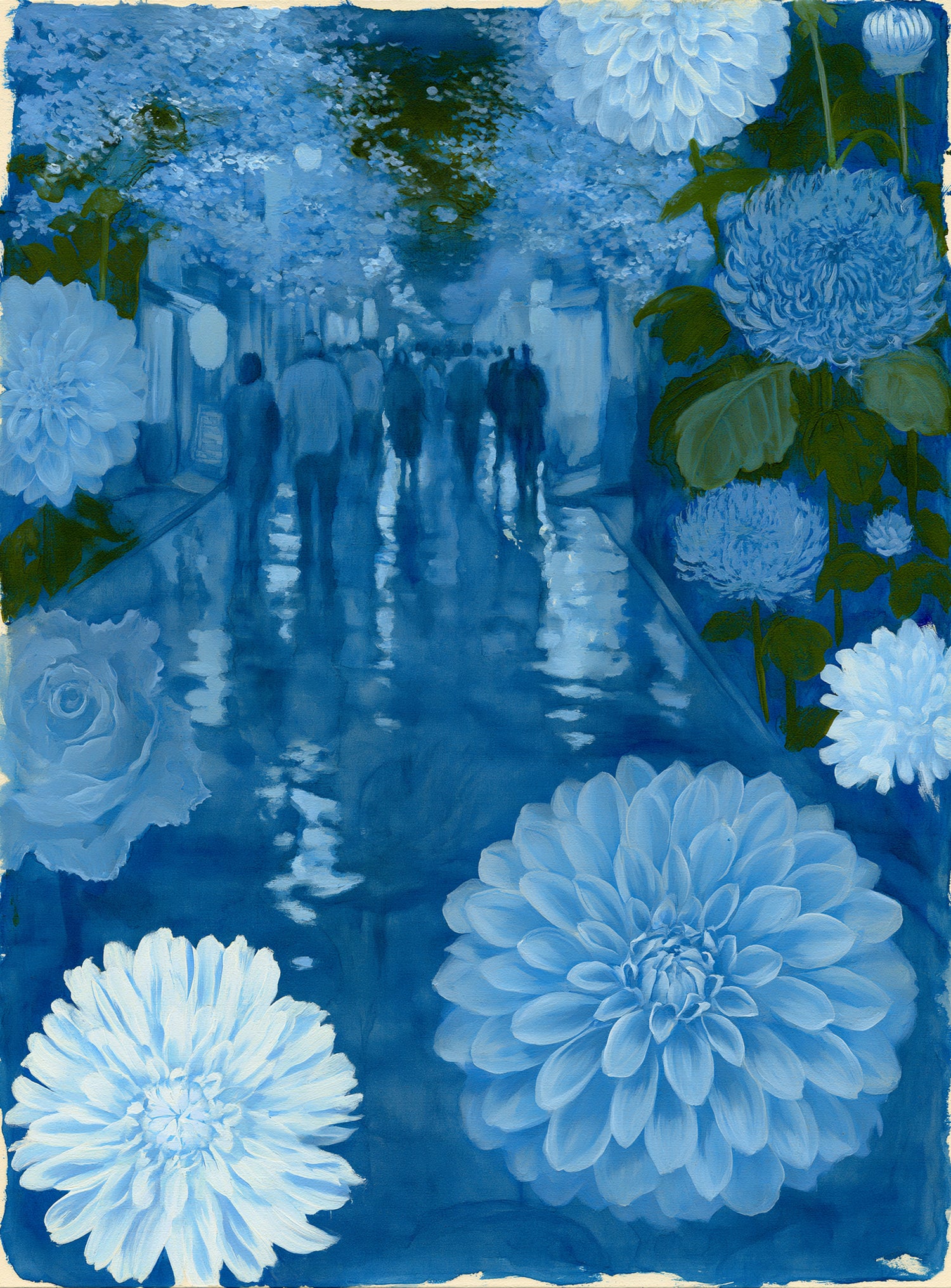 Blue street with flowers
