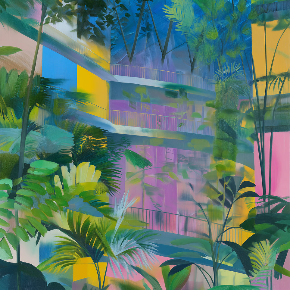 Blue roof over pink atrium