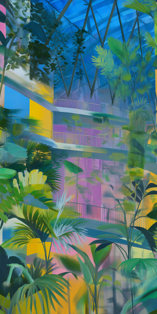 Blue roof over pink atrium