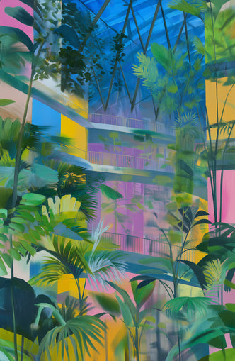 Blue roof over pink atrium