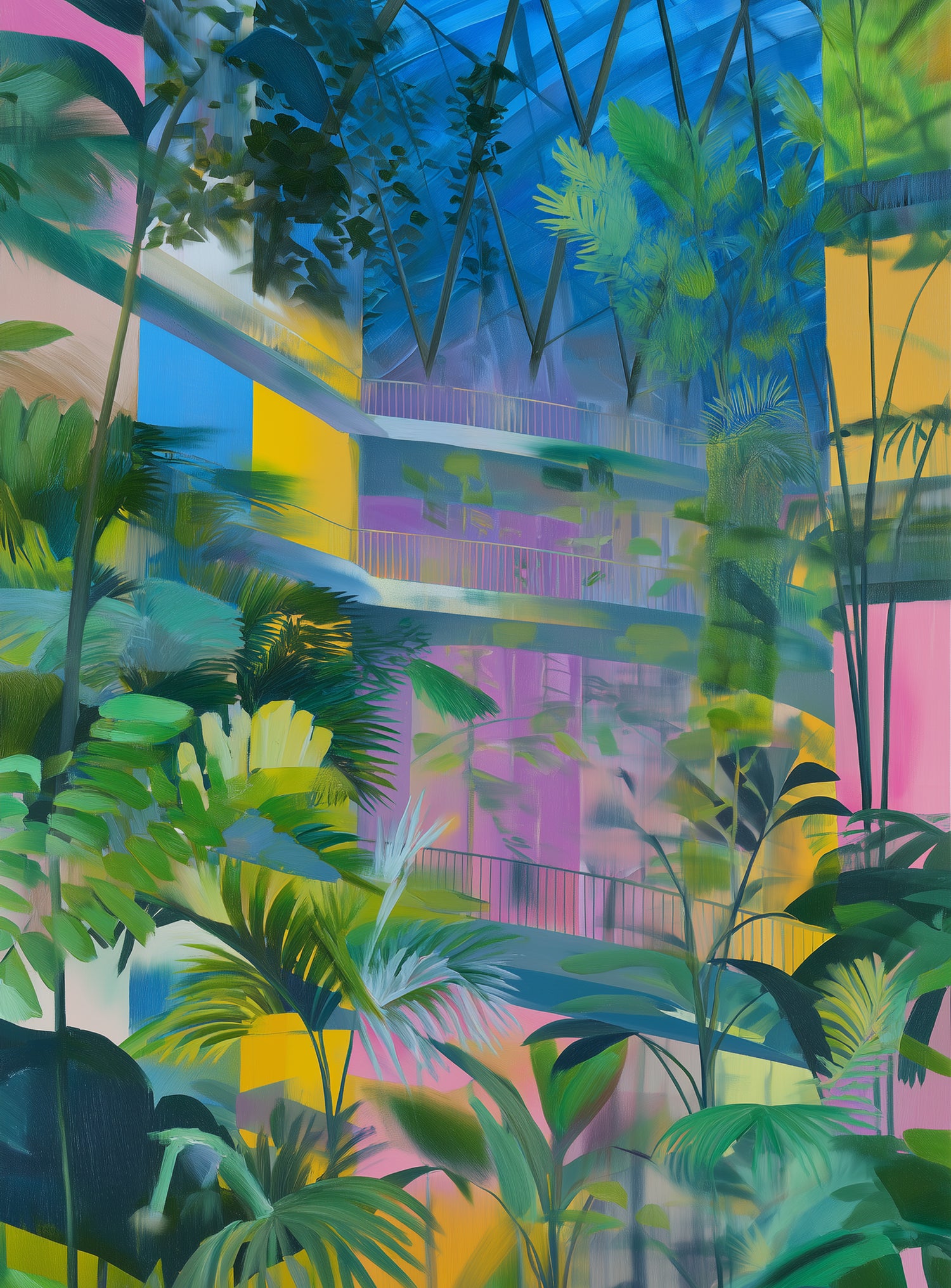 Blue roof over pink atrium