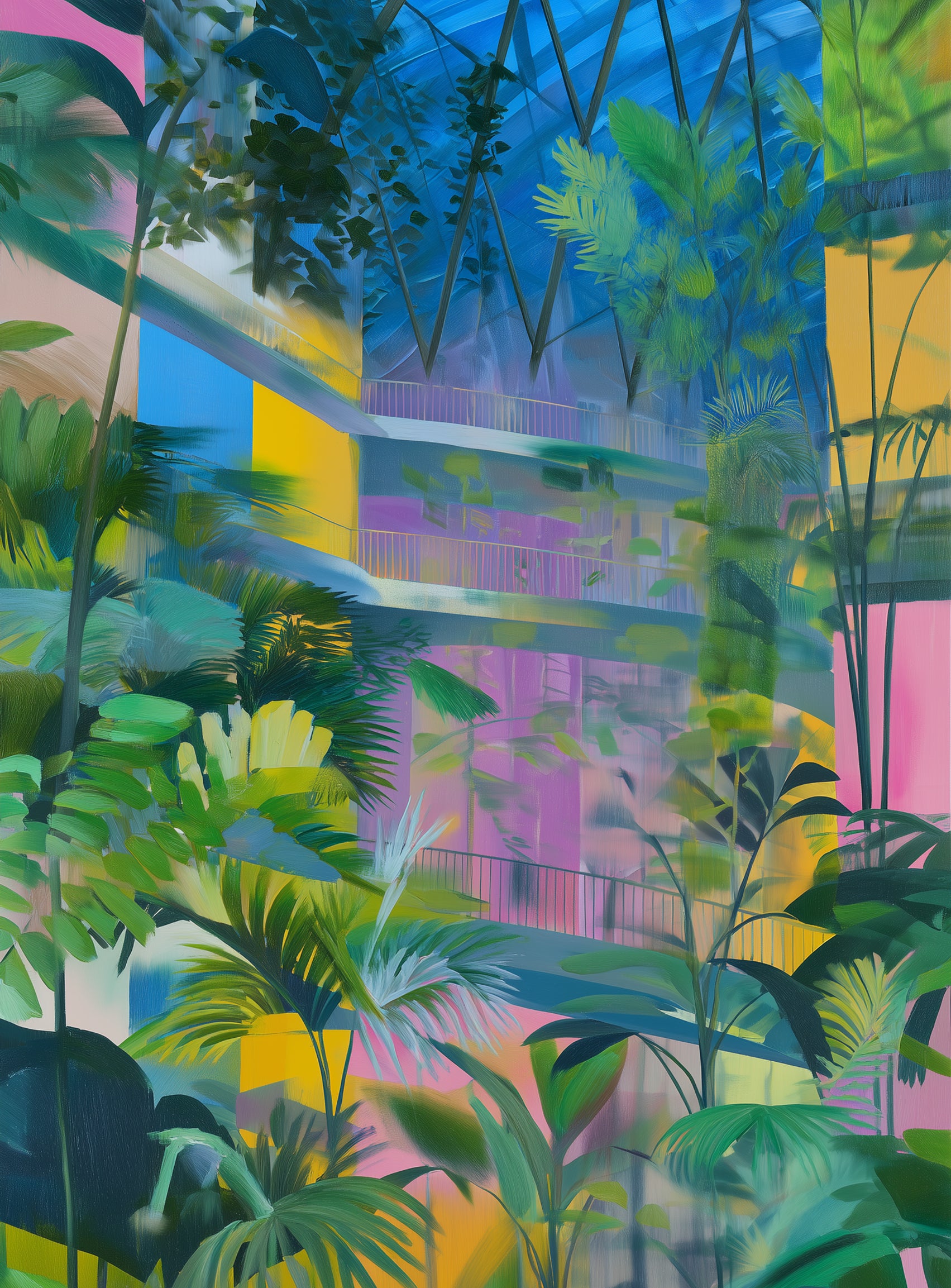 Blue roof over pink atrium