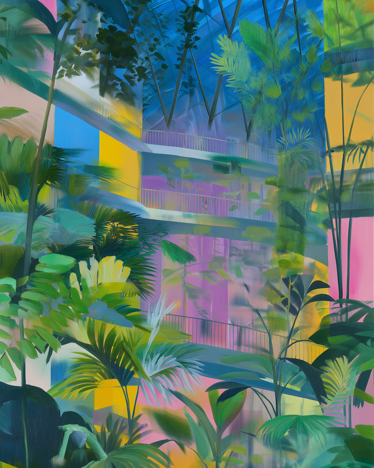 Blue roof over pink atrium
