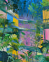 Blue roof over pink atrium
