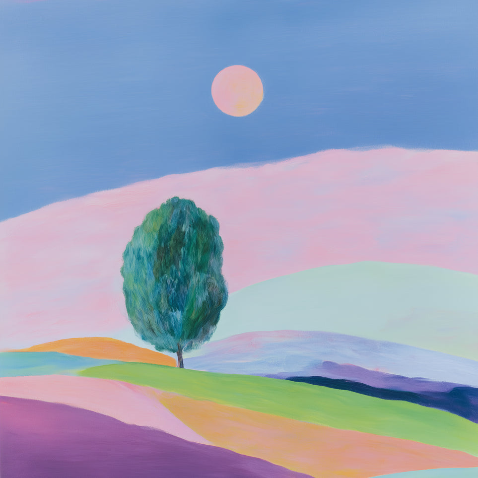 A pale sun above hills
