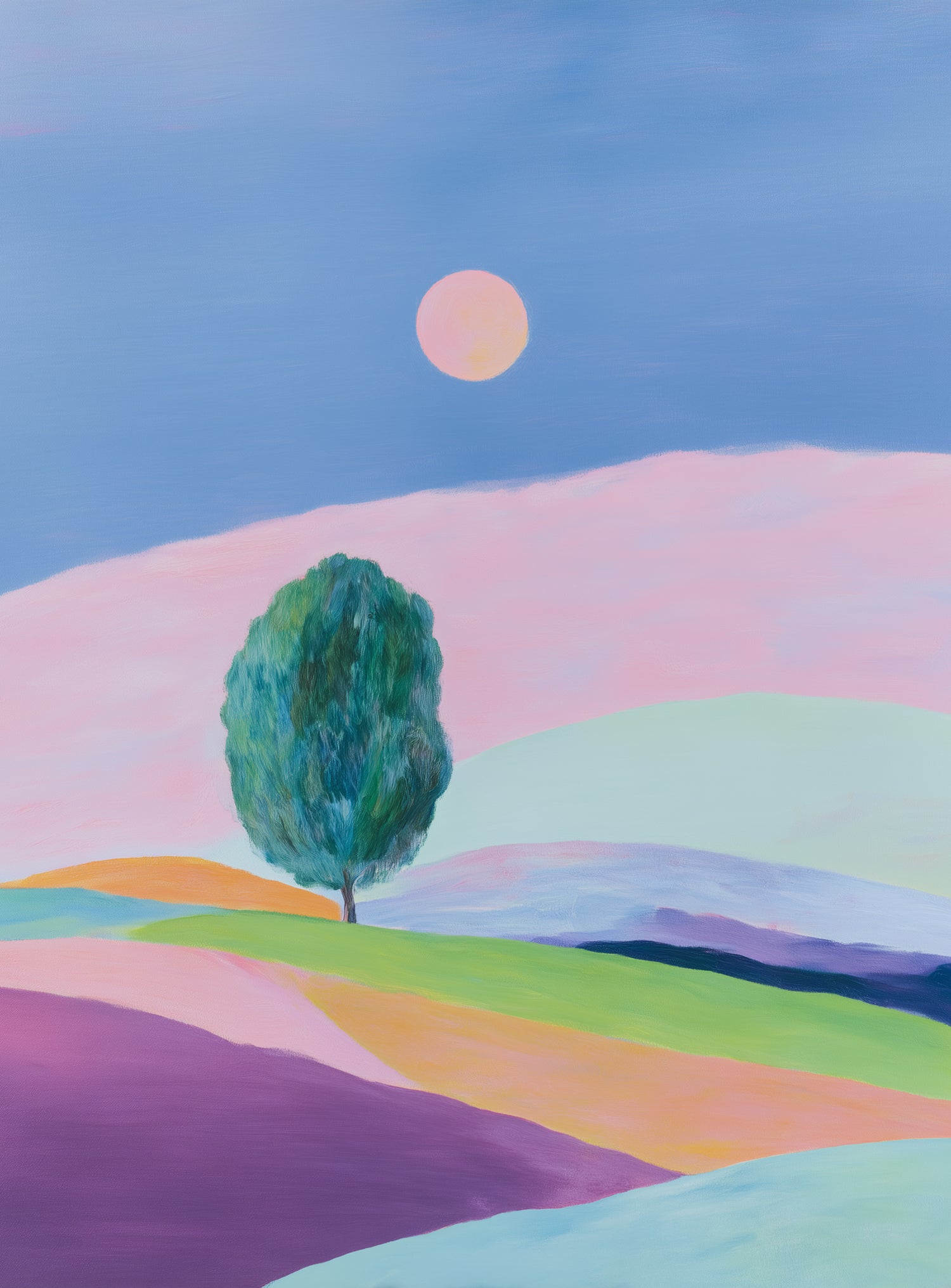 A pale sun above hills
