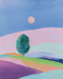 A pale sun above hills