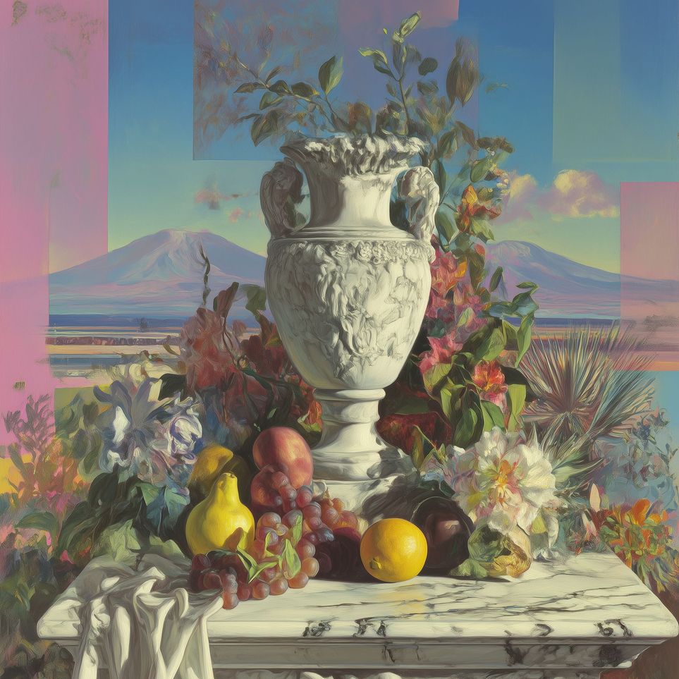 Urn and fruit before mountains