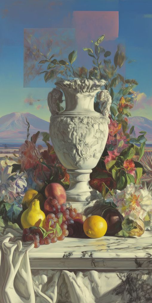 Urn and fruit before mountains