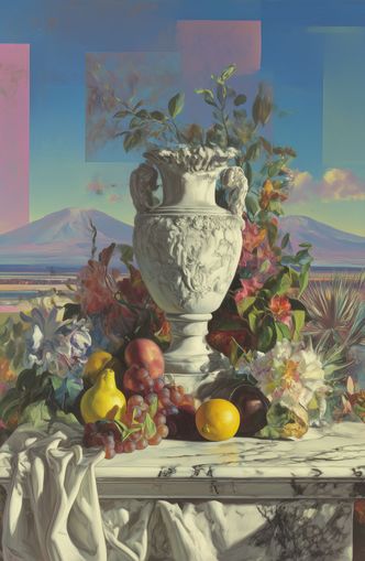 Urn and fruit before mountains