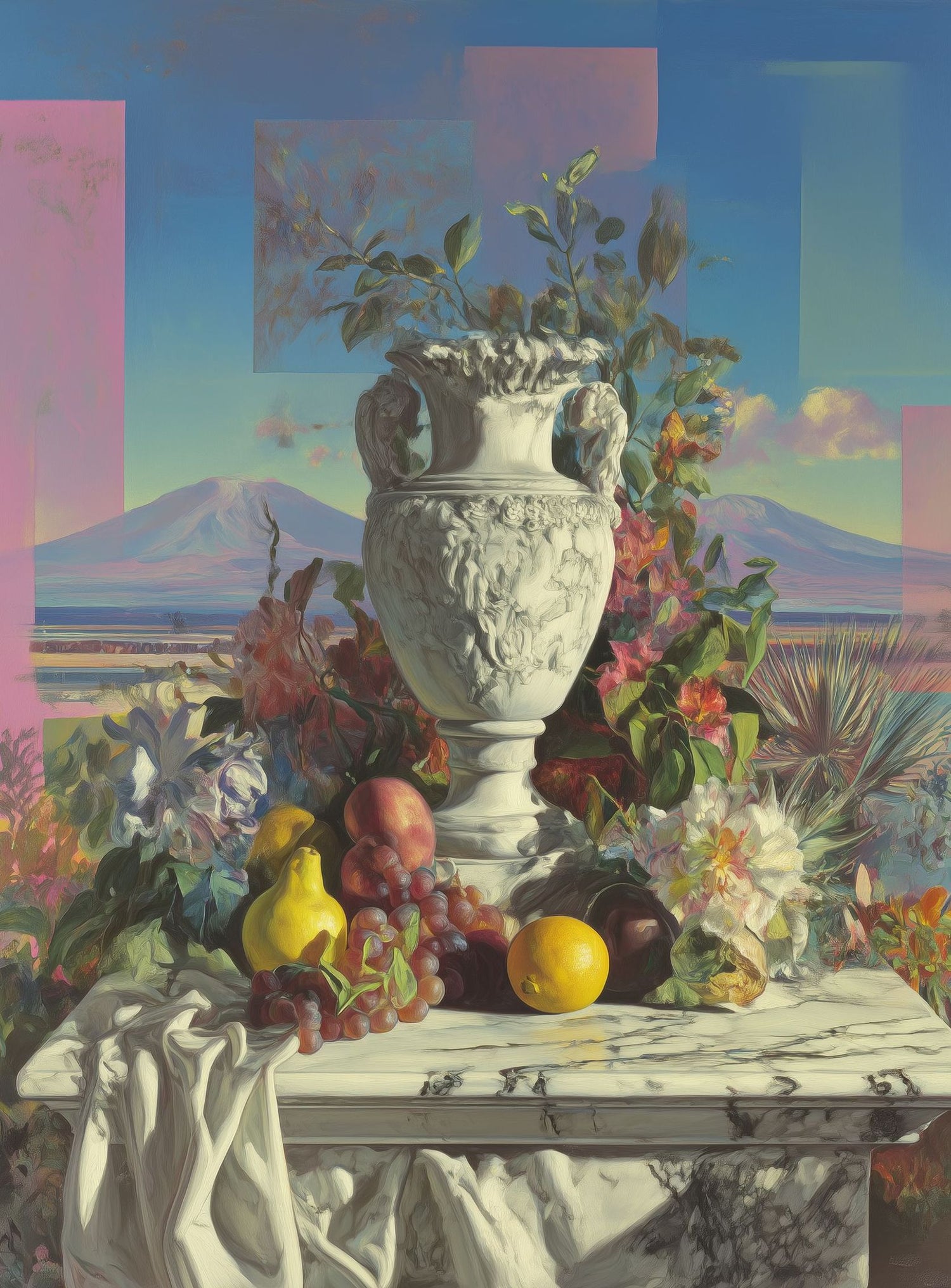 Urn and fruit before mountains