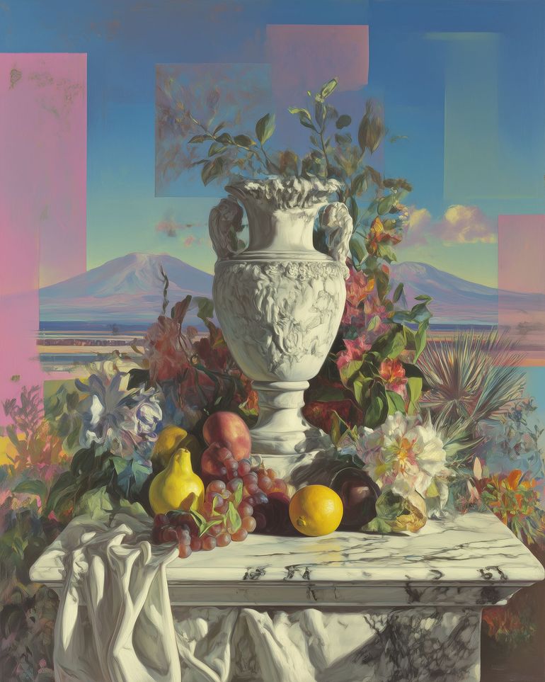 Urn and fruit before mountains