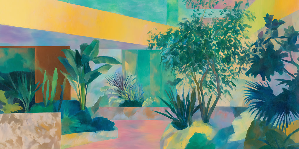 Garden beneath striped light