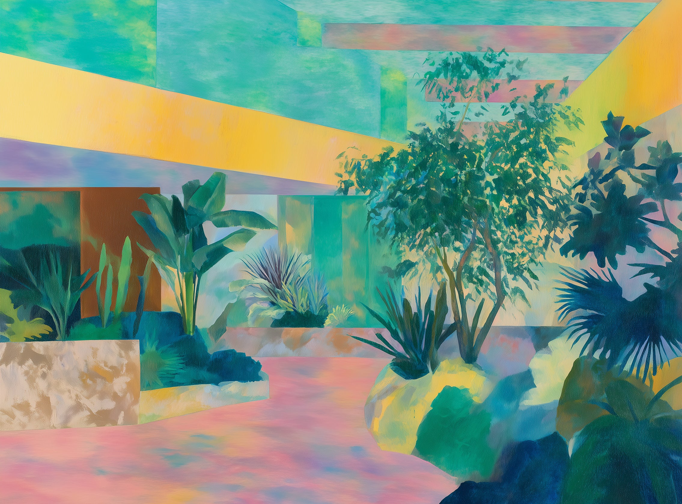 Garden beneath striped light