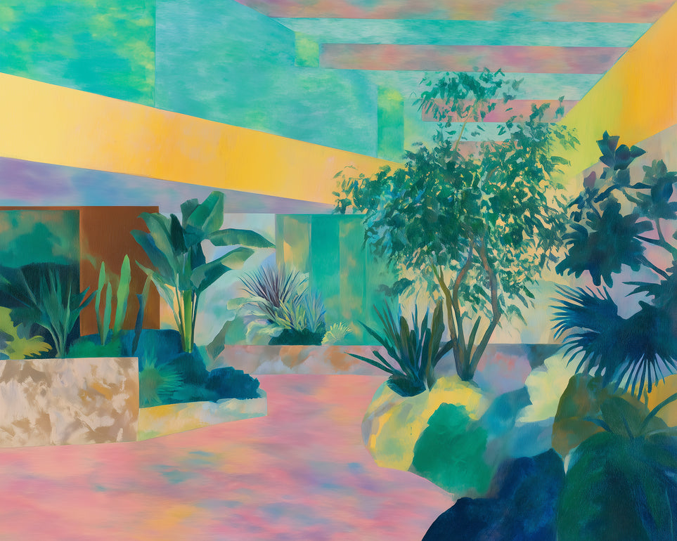 Garden beneath striped light