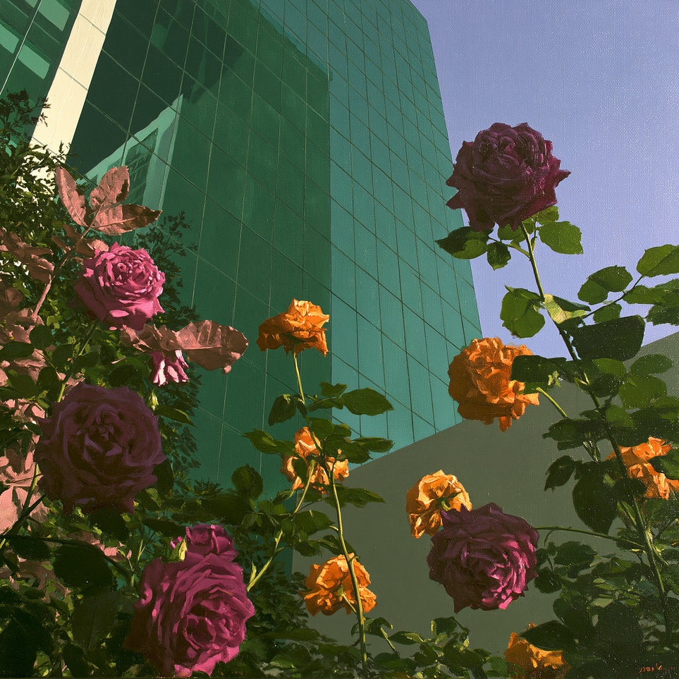 Roses climbing the glass wall