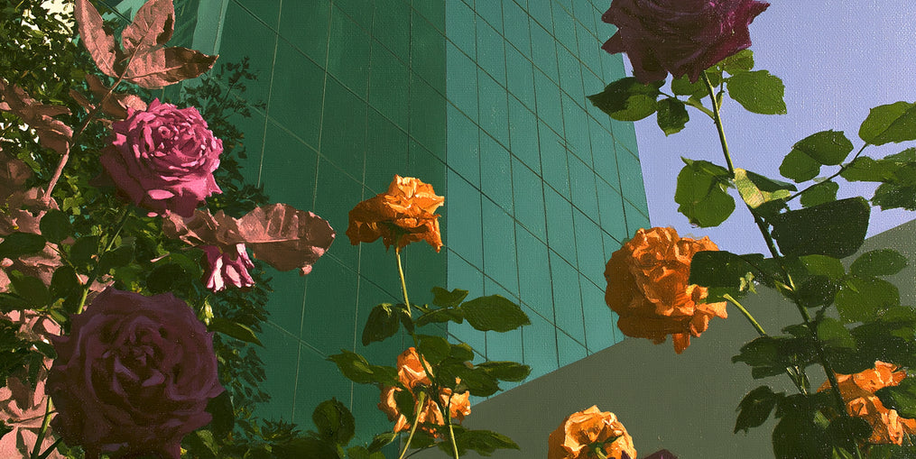Roses climbing the glass wall