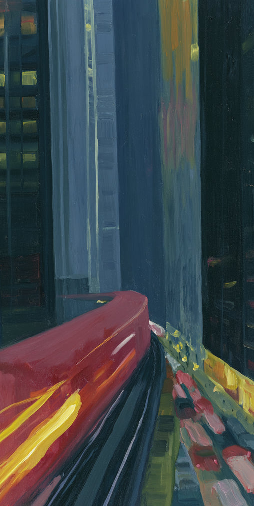 Red train in blue towers