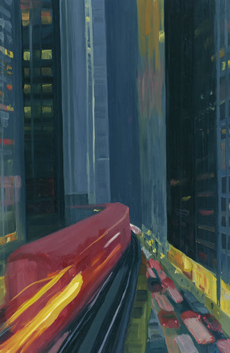 Red train in blue towers