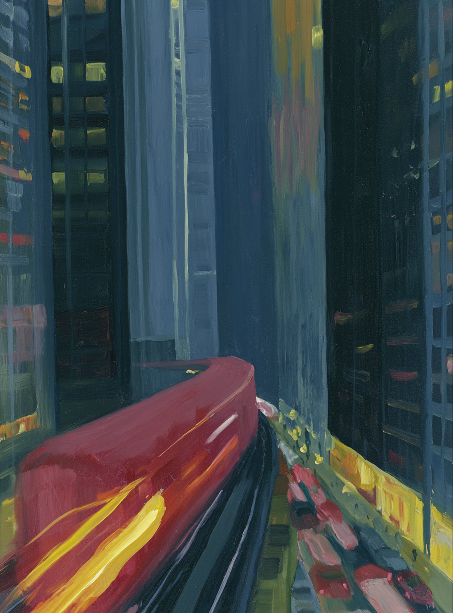 Red train in blue towers
