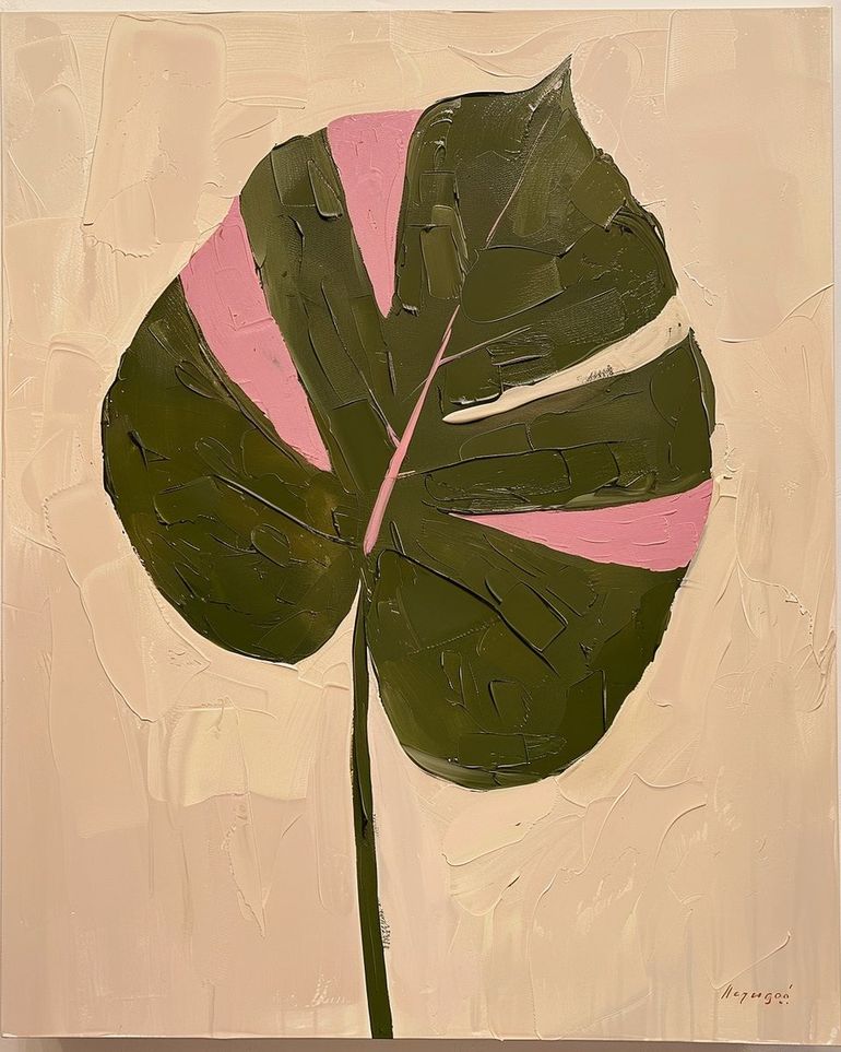 Pink banded leaf on plastered white