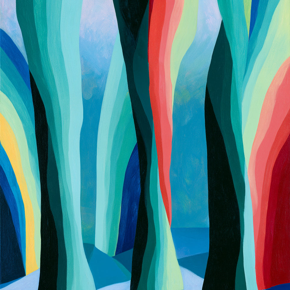 Between red trunks and blue shadows