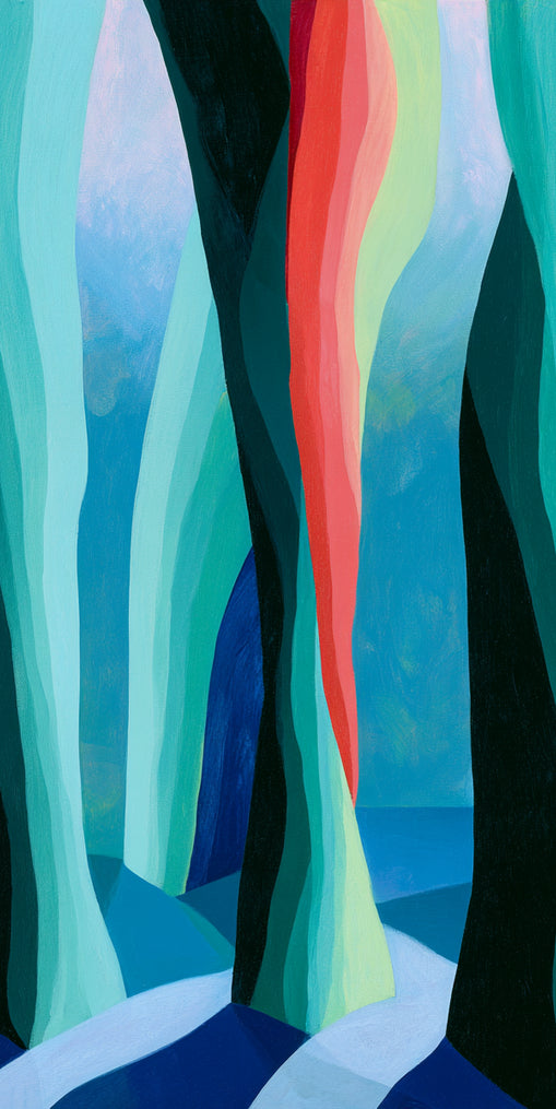 Between red trunks and blue shadows