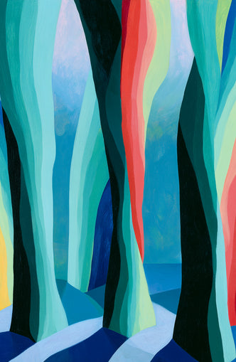 Between red trunks and blue shadows