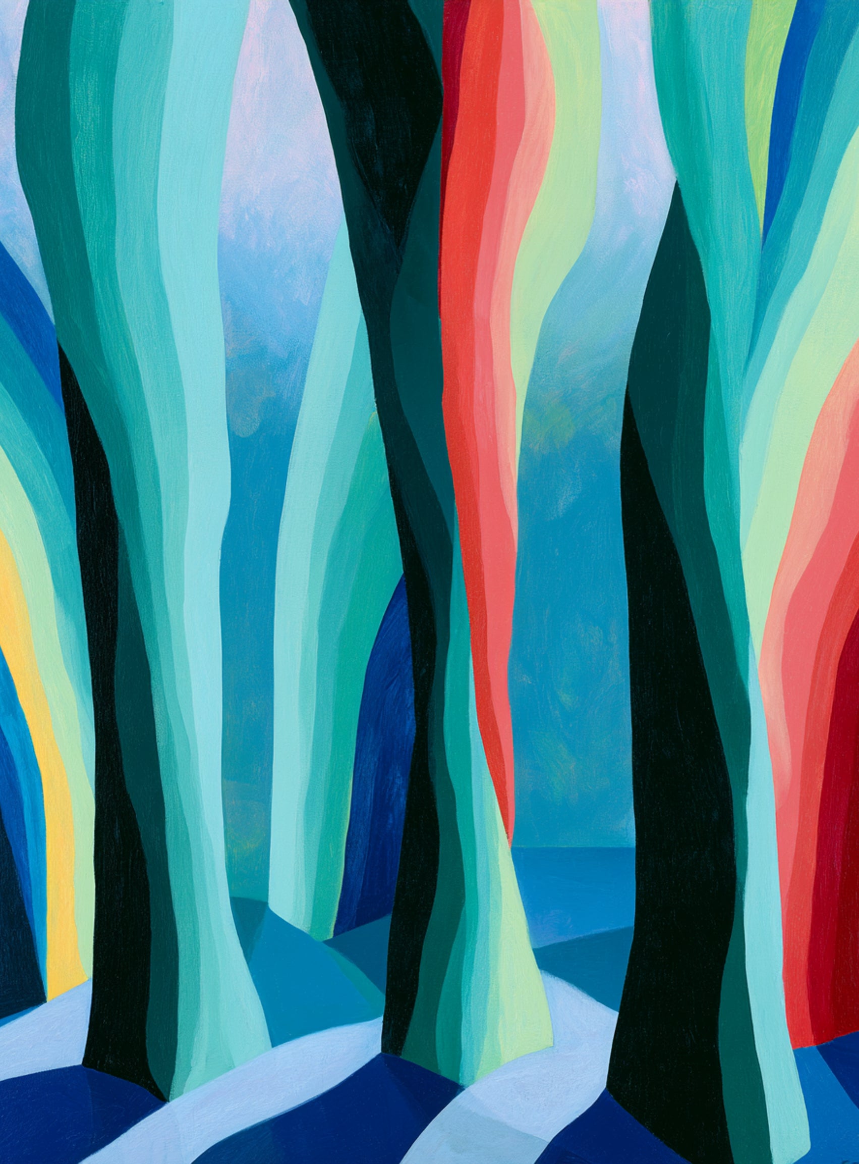 Between red trunks and blue shadows