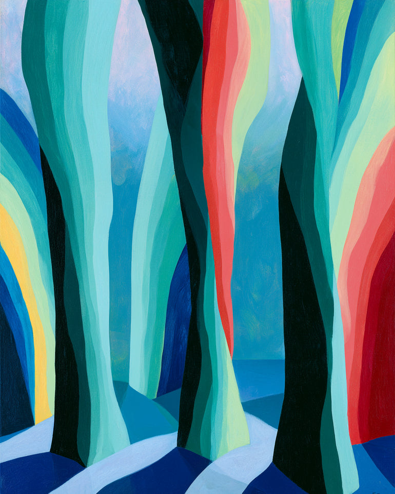 Between red trunks and blue shadows