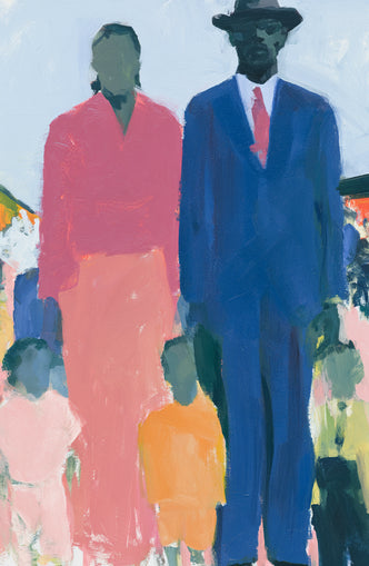 Blue suit beside coral dress