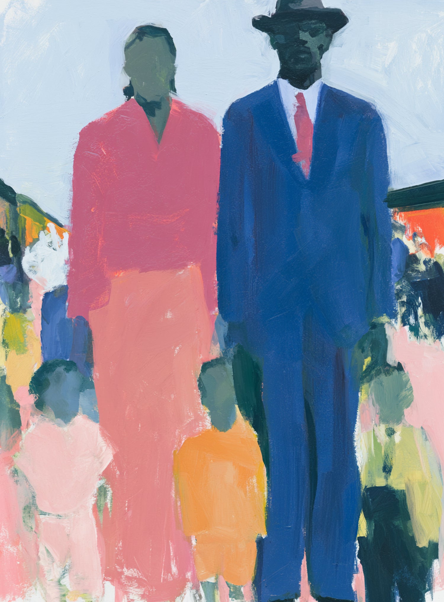 Blue suit beside coral dress
