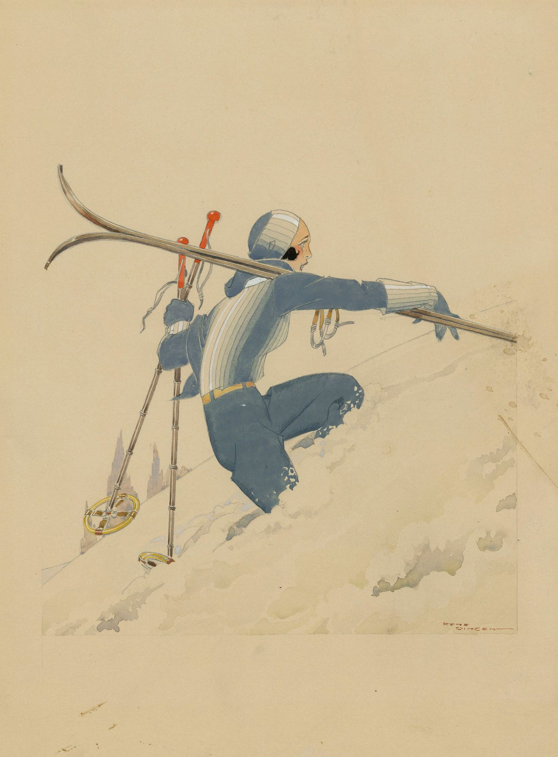 Blue skier in pale snow