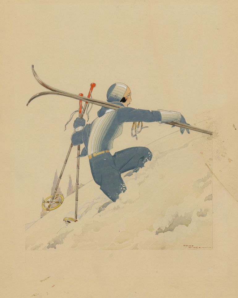 Blue skier in pale snow