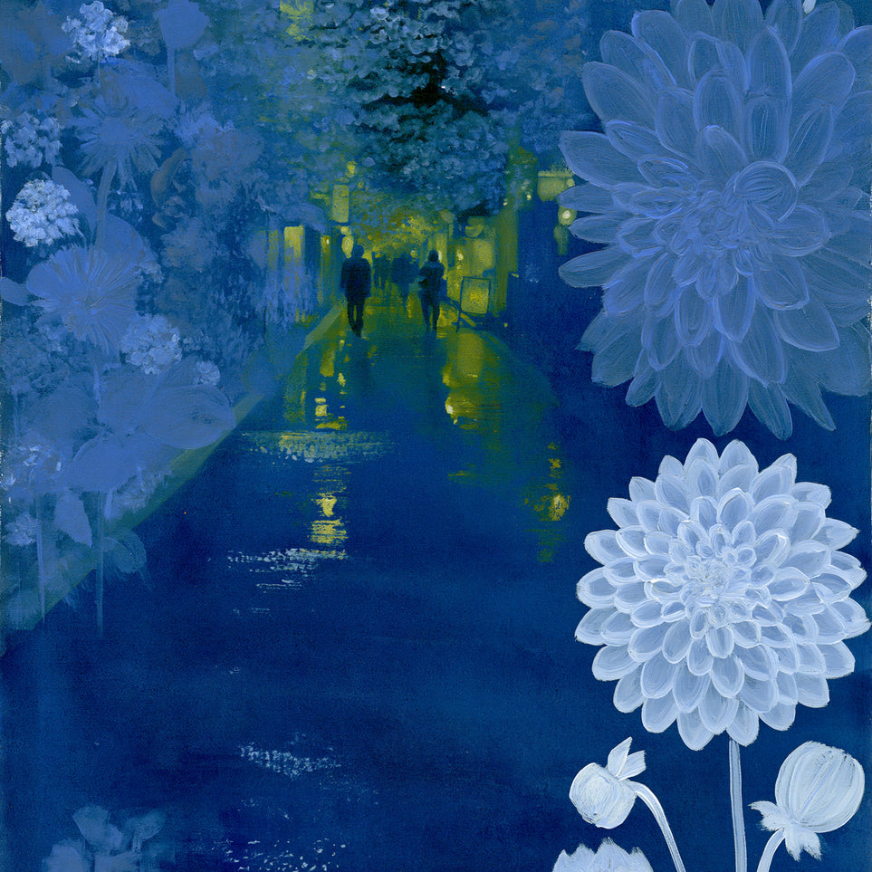 Two walkers under giant flowers