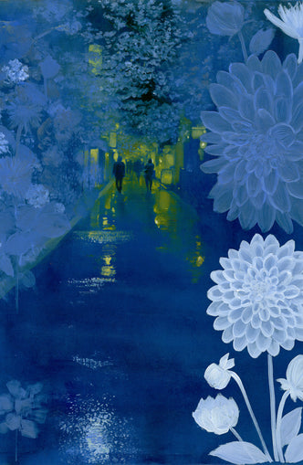 Two walkers under giant flowers