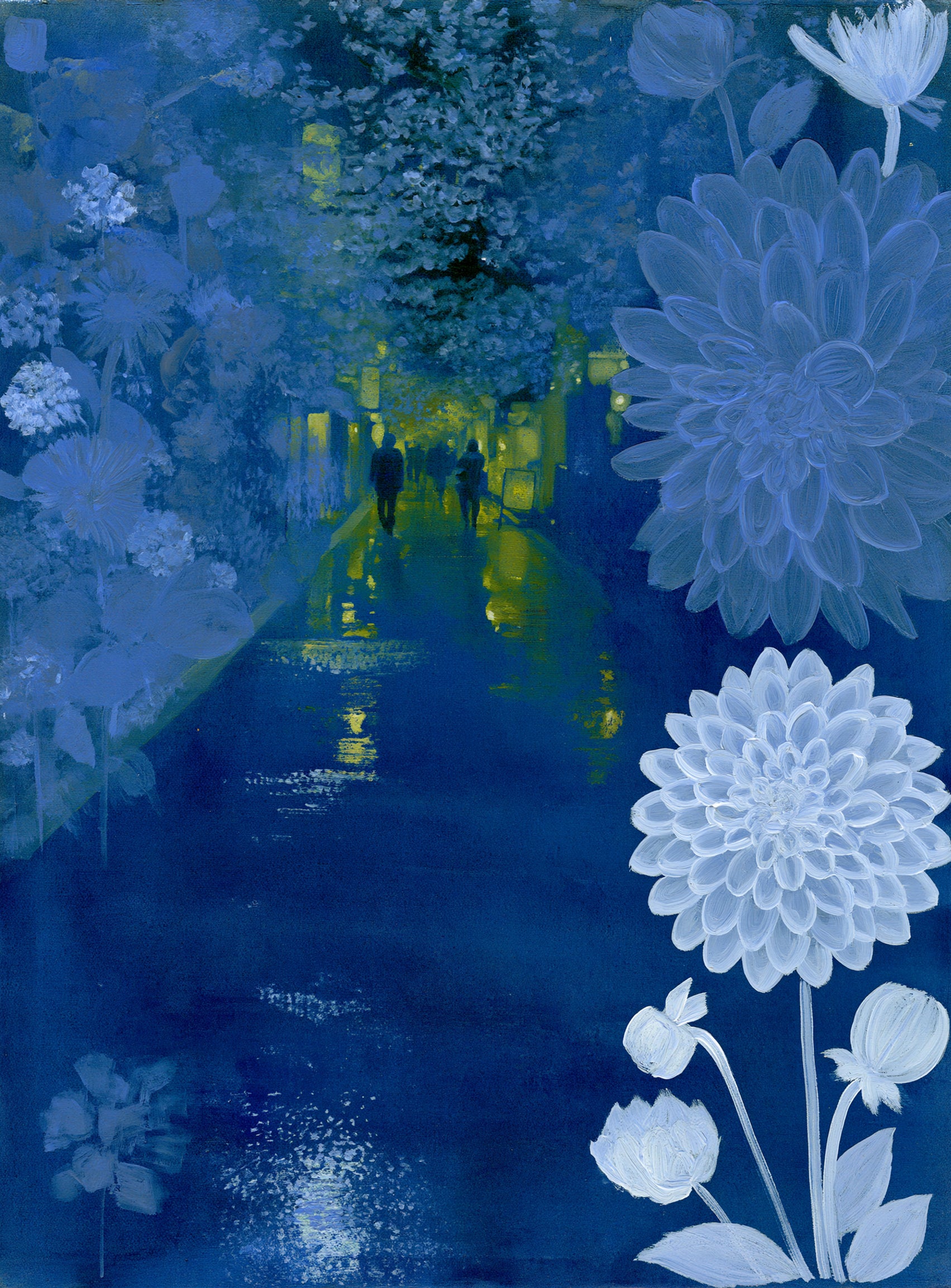 Two walkers under giant flowers