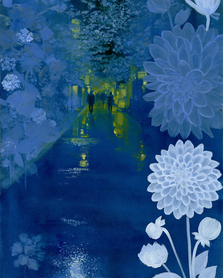 Two walkers under giant flowers