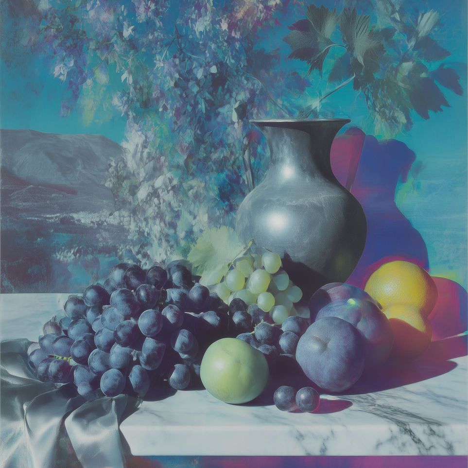 Vase and fruit in blue haze