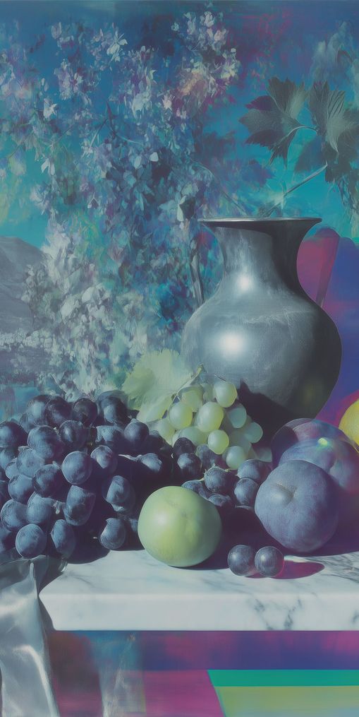 Vase and fruit in blue haze