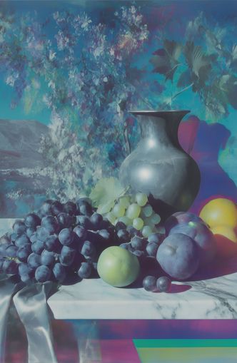 Vase and fruit in blue haze