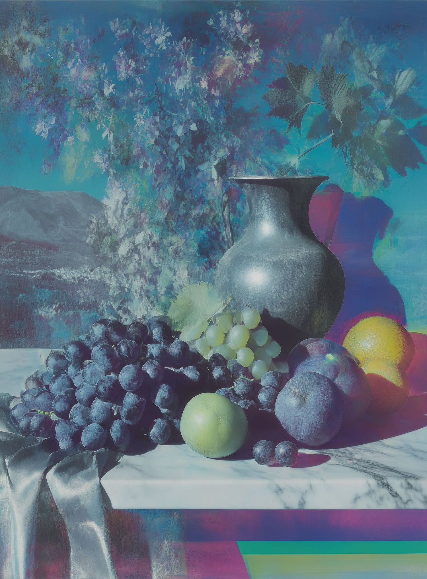 Vase and fruit in blue haze