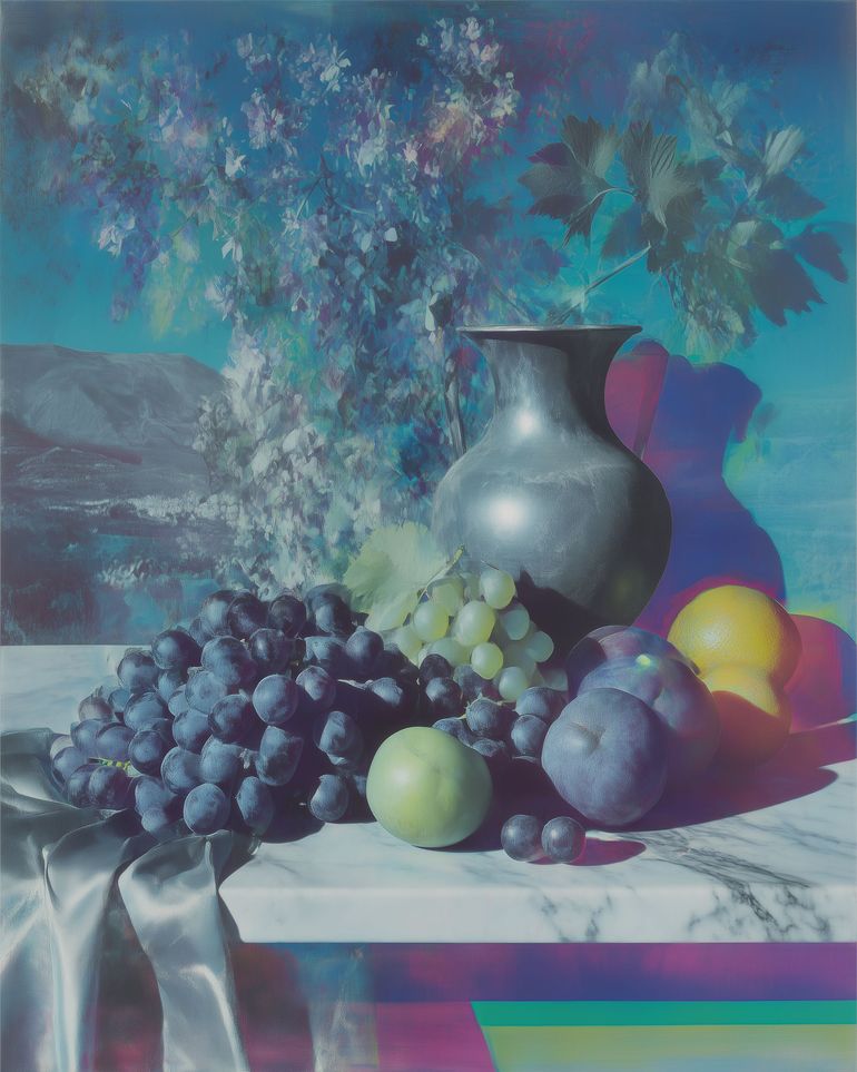 Vase and fruit in blue haze
