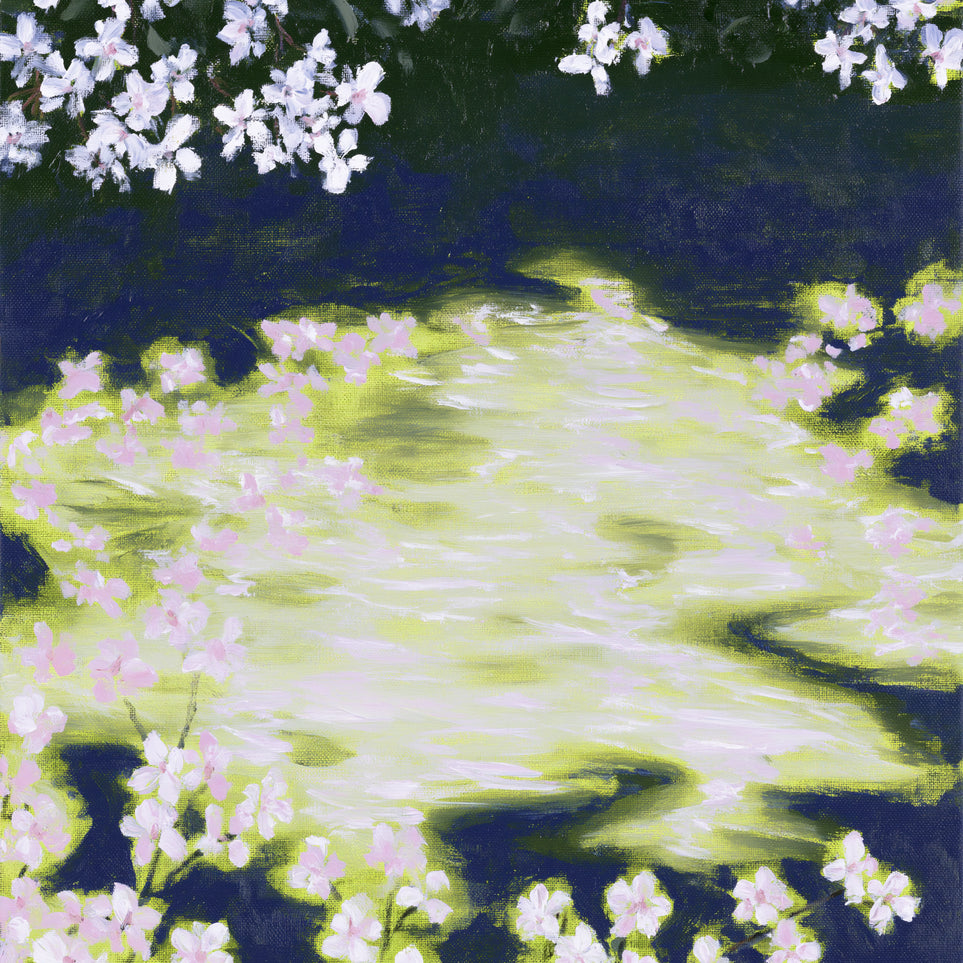 Petals crossing the bright water