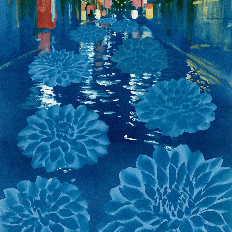 Neon spills into blue floodwater