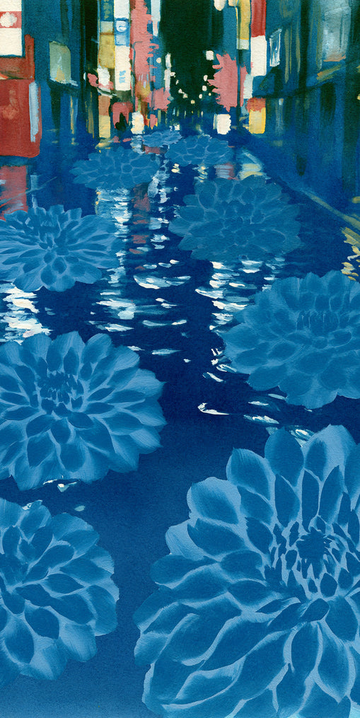 Neon spills into blue floodwater