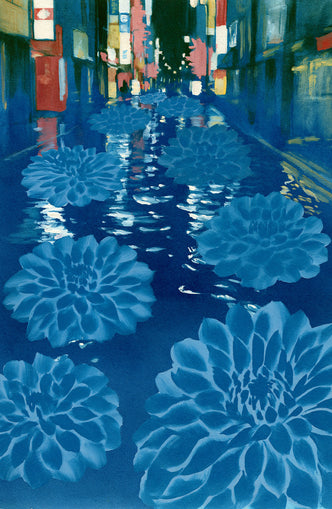 Neon spills into blue floodwater
