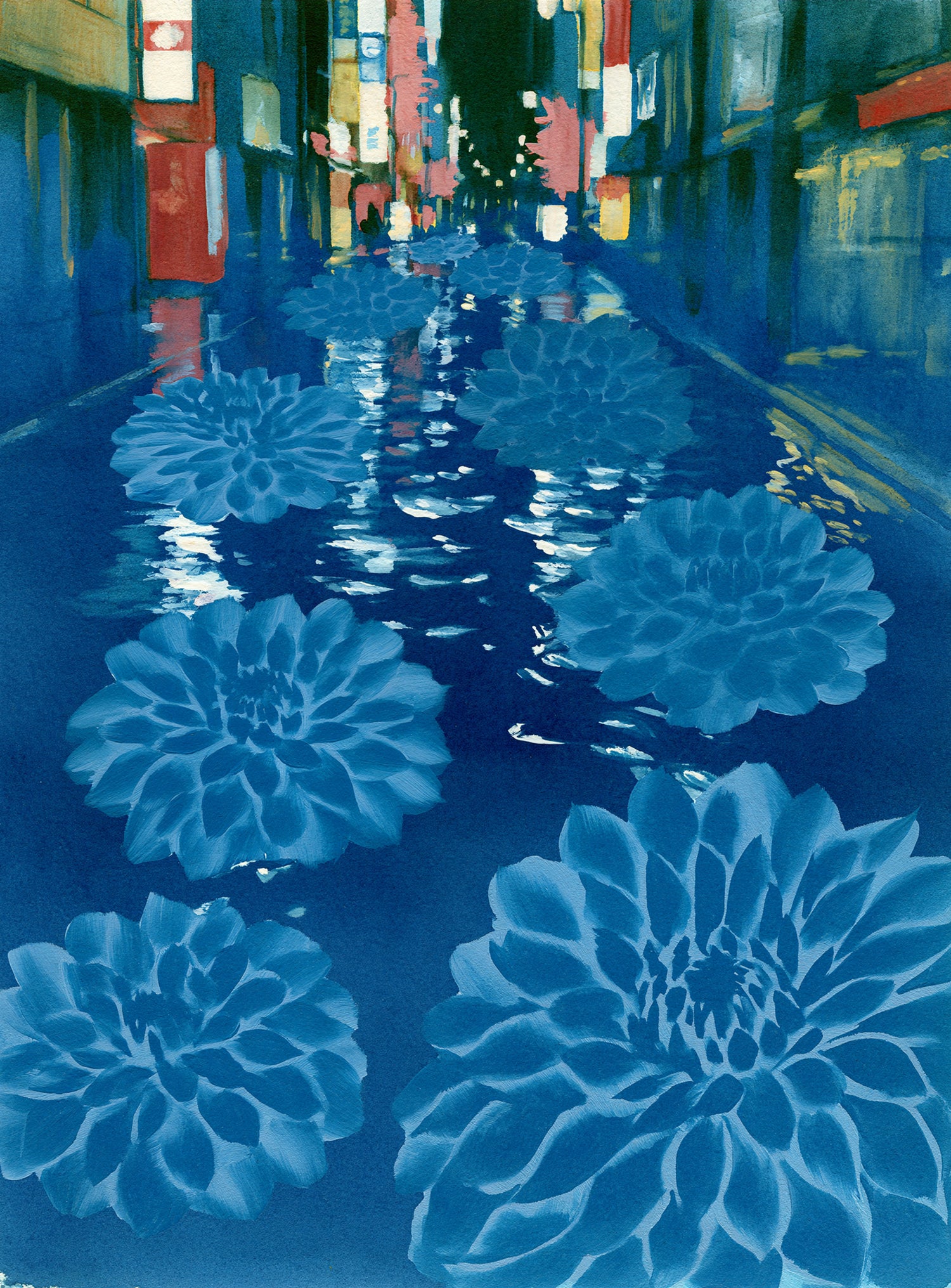 Neon spills into blue floodwater